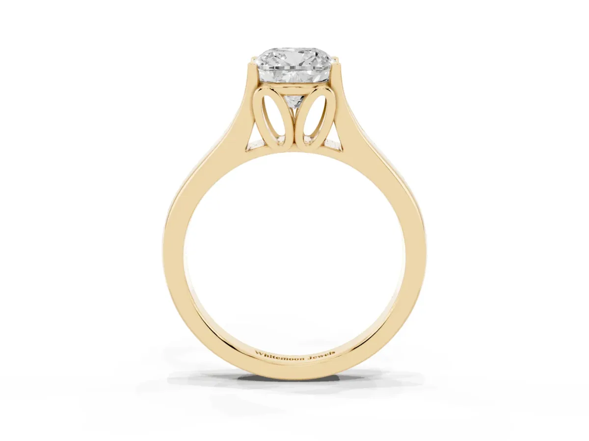 Cushion Cut Solitaire Diamond Ring with Cathedral Band and Four-Prong Setting Yellow gold