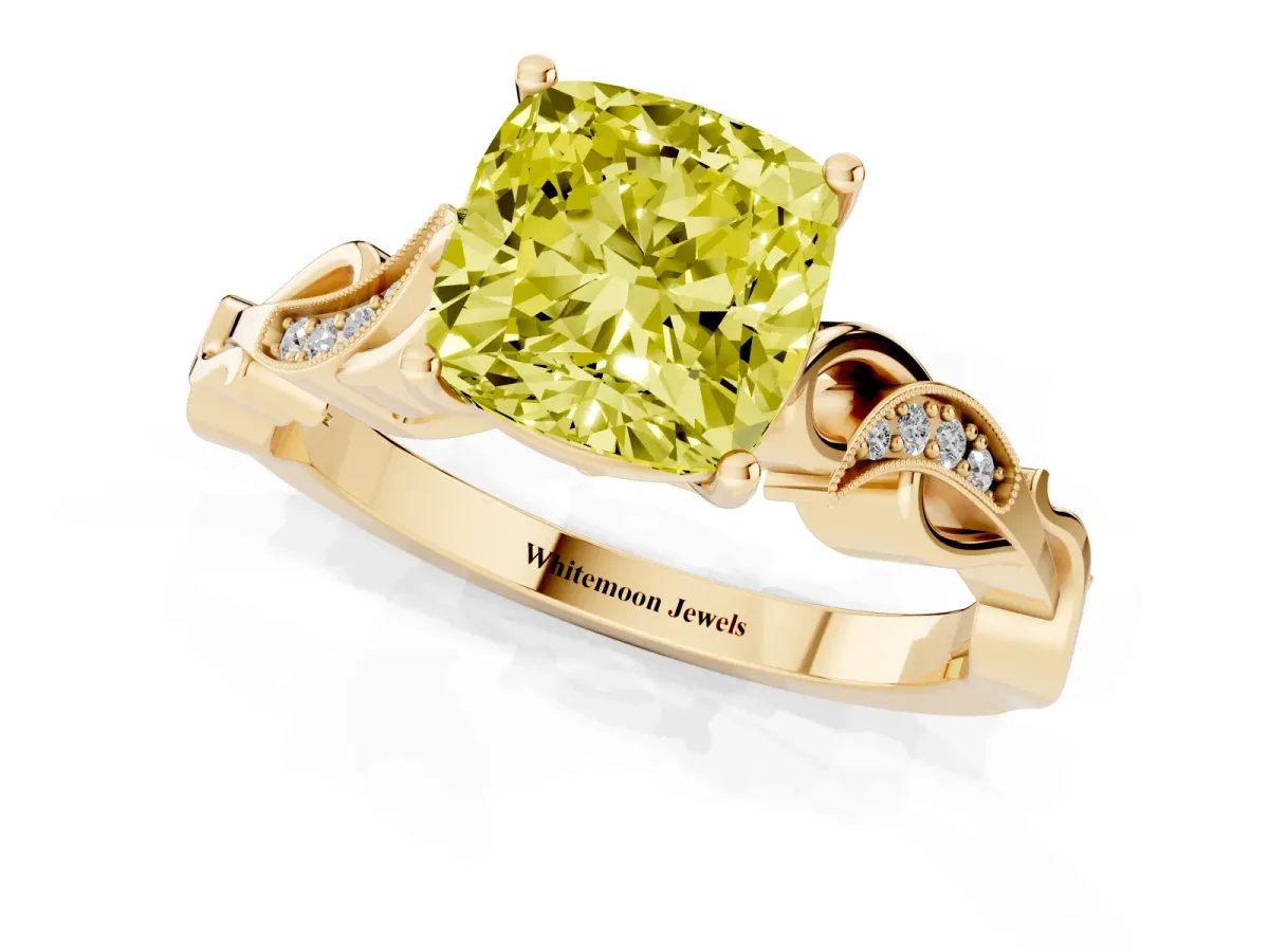 Fancy Yellow Cushion Cut Solitaire Vine Band with Milgrain Prong Setting Yellow gold