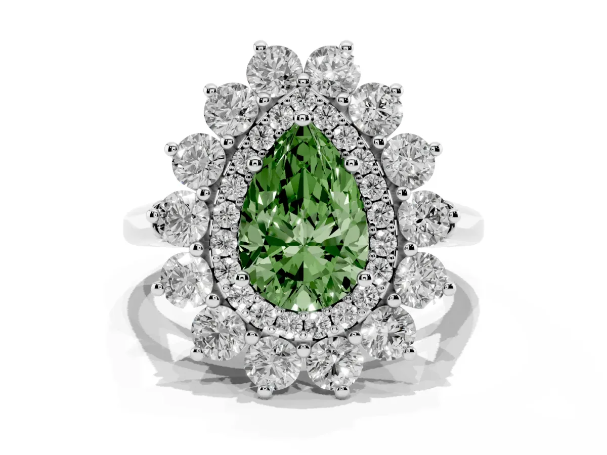 Fancy Green Pear Cut Diamond Floral Double Halo Engagement Ring with Prong Setting Silver
