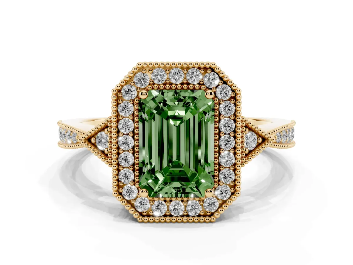 Fancy Green Emerald Cut Halo Round Diamond Milgrain Pave Engagement Ring Yellow gold