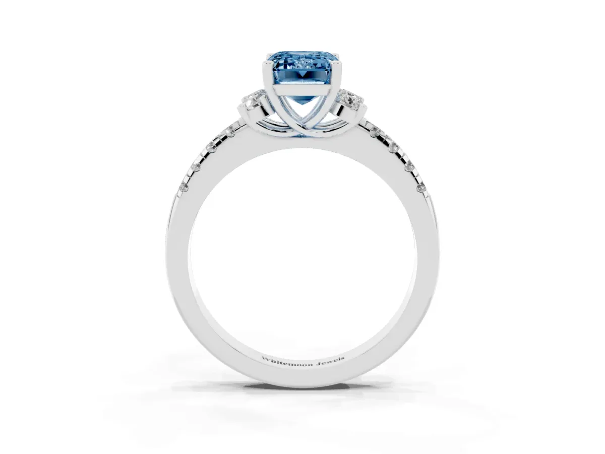 Fancy Blue Emerald Cut Diamond Three-Stone Pave Band with Four-Prong Setting Platinum