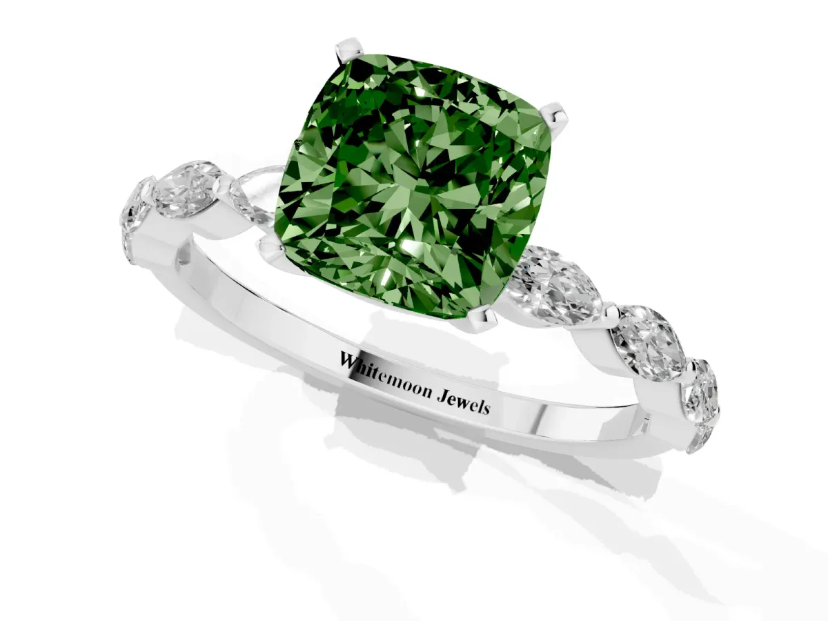 Fancy Green Cushion Cut Diamond Ring with Marquise Side Stones and Prong Setting Platinum