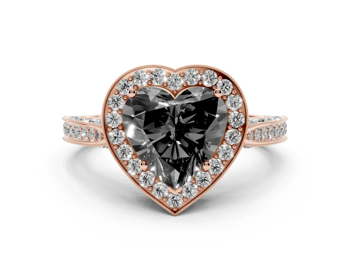 Fancy Black Heart Cut Halo Diamond Engagement Ring with Split Shank Band and Four-Prong Setting Rose gold