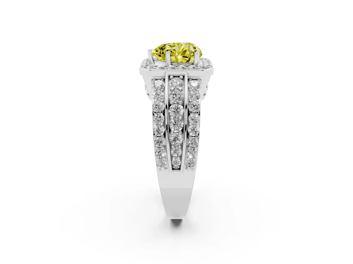 Fancy Yellow Heart Cut Halo Diamond Ring with Round Split Shank and Prong Setting Silver