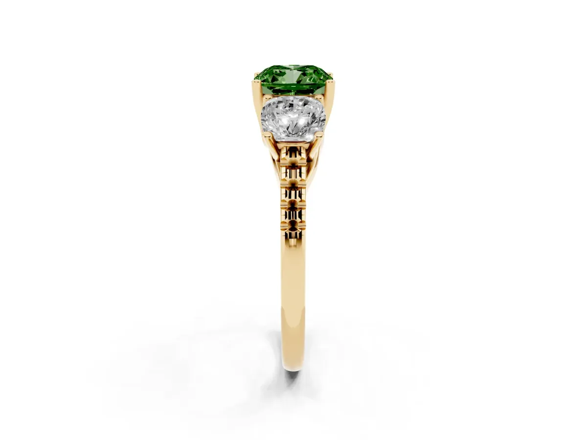 Fancy Green Three-Stone Cushion Cut Diamond Ring with Round Pavé Band and Prong Setting Yellow gold