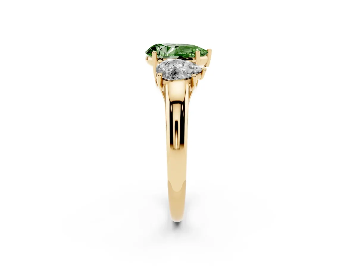 Fancy Green Three-Stone Pear Cut Diamond Engagement Ring with Prong Setting Yellow gold