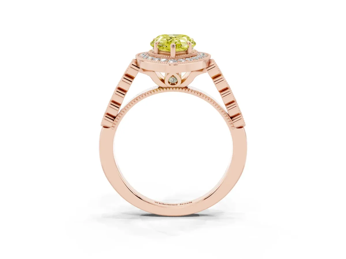 Fancy Yellow Pear Cut Halo Milgrain Solitaire with Bezel Set Side Stones and Pave Band Rose gold