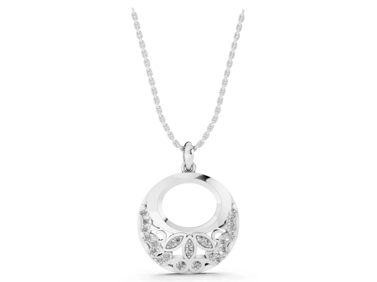 Round Diamond Pavé Leaf Filigree Pendant White gold