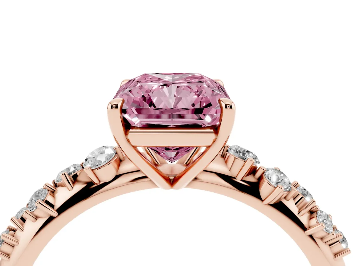 Fancy Pink Radiant Cut Diamond Cluster Side Stone Solitaire Ring with Prong Setting Rose gold