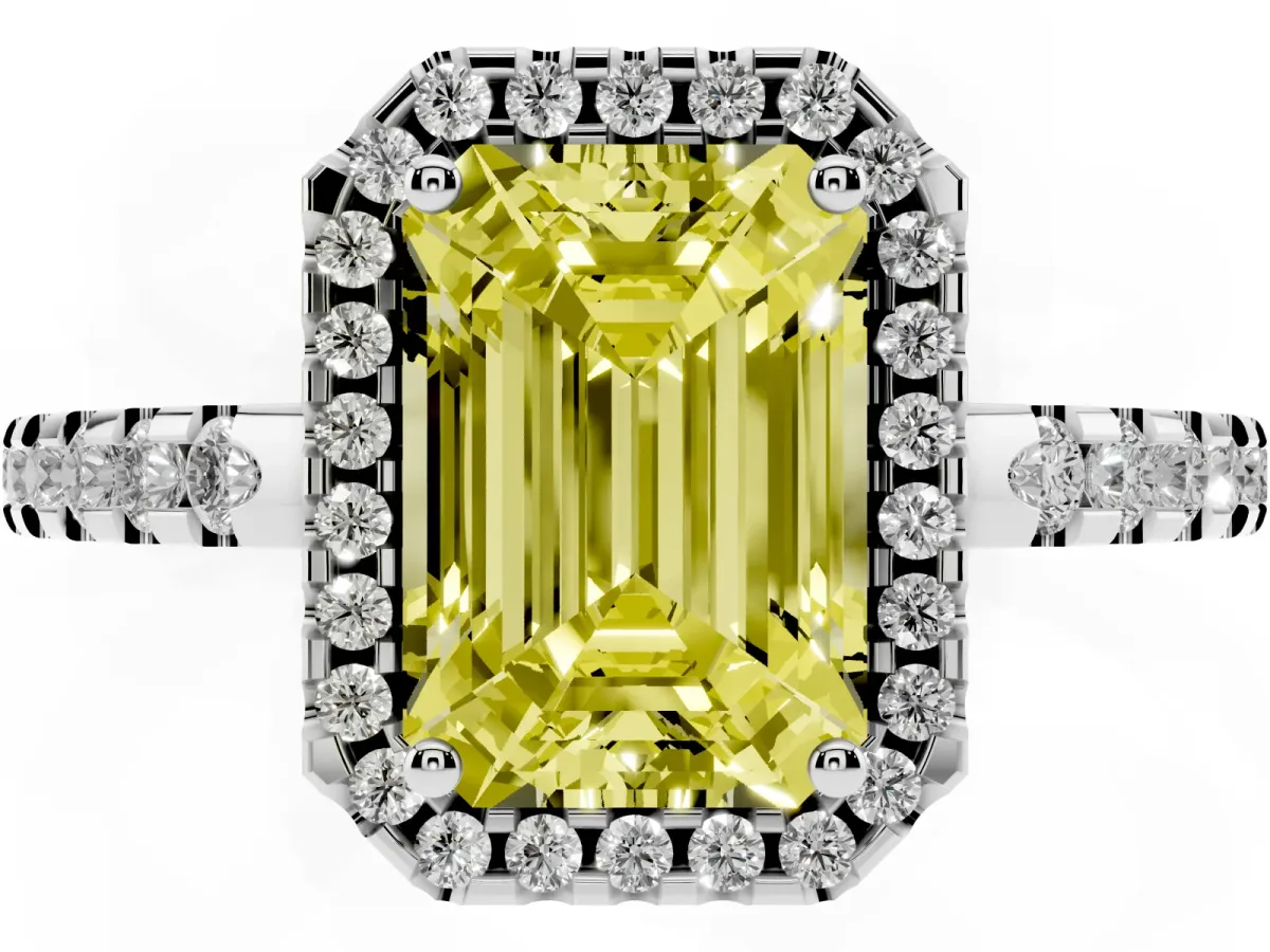 Fancy Yellow Emerald Cut Diamond Halo Engagement Ring with Pavé Band and Prong Setting Platinum