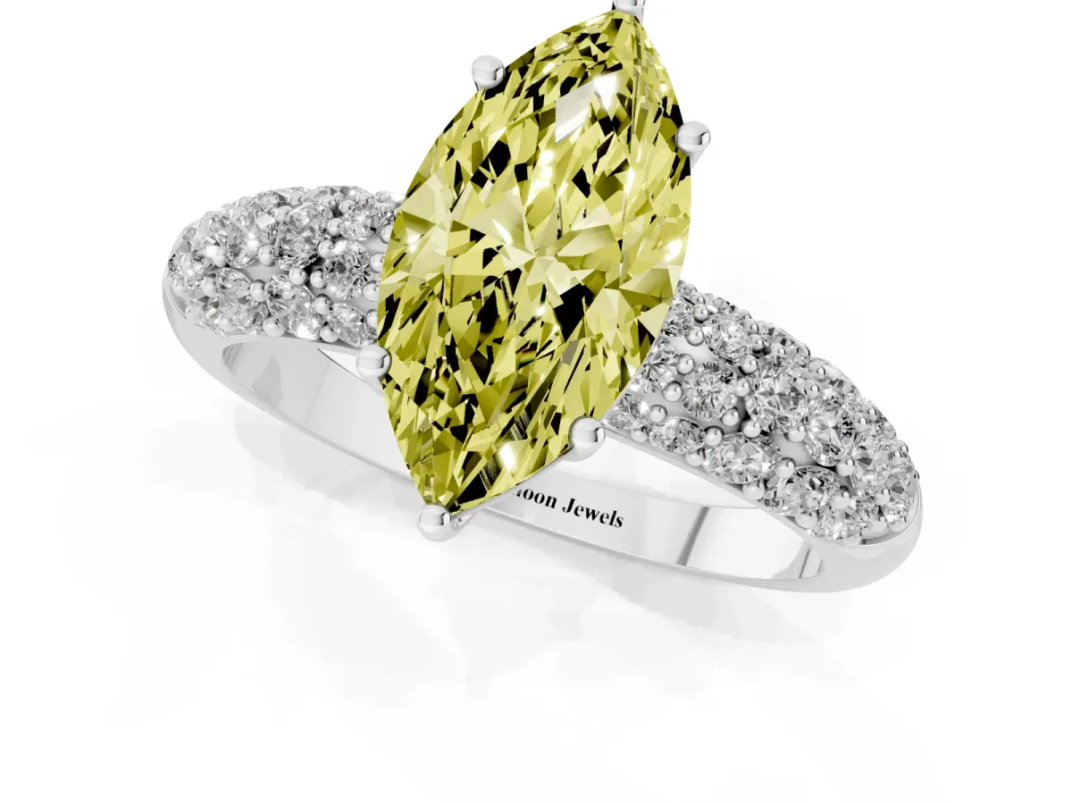 Fancy Yellow Marquise Cut Diamond Pavé Band Solitaire Ring with Four-Prong Setting Silver