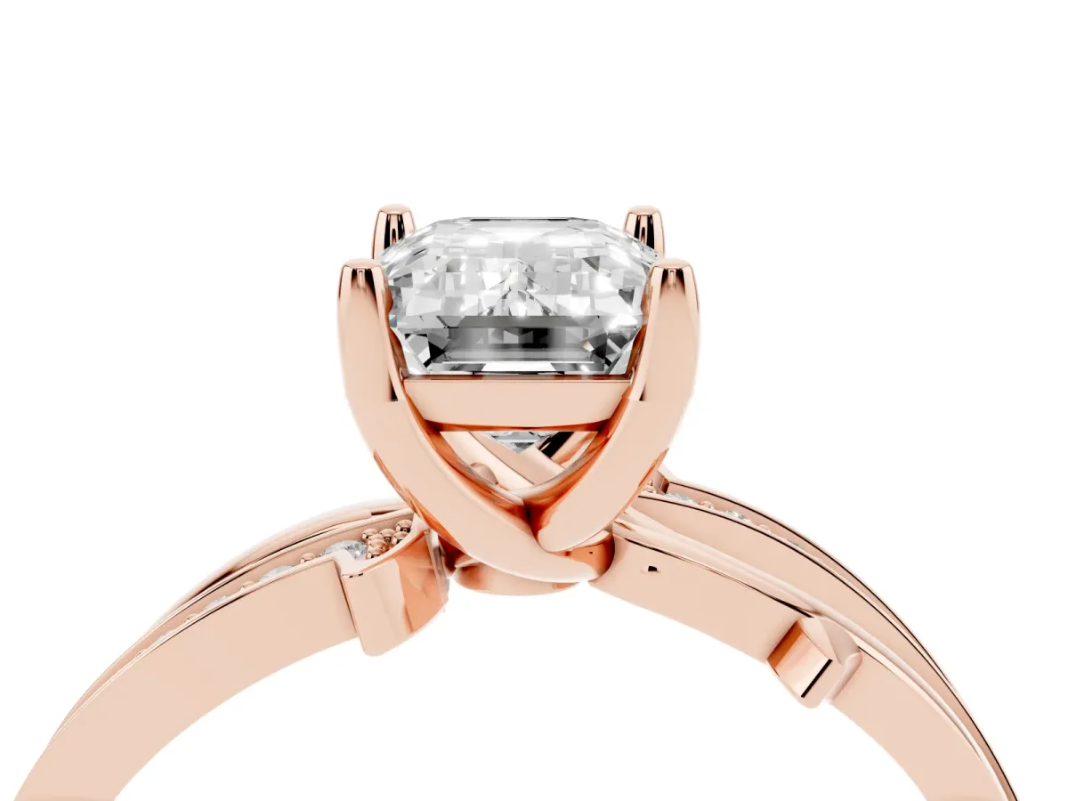 Emerald Cut Solitaire Twist Band with Pavé Accents and Four-Prong Setting Rose gold