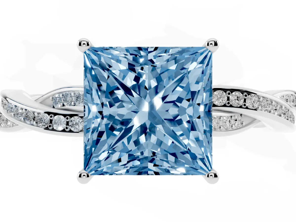 Fancy Blue Princess Cut Solitaire Twisted Pave Diamond Ring with Four-Prong Setting Silver