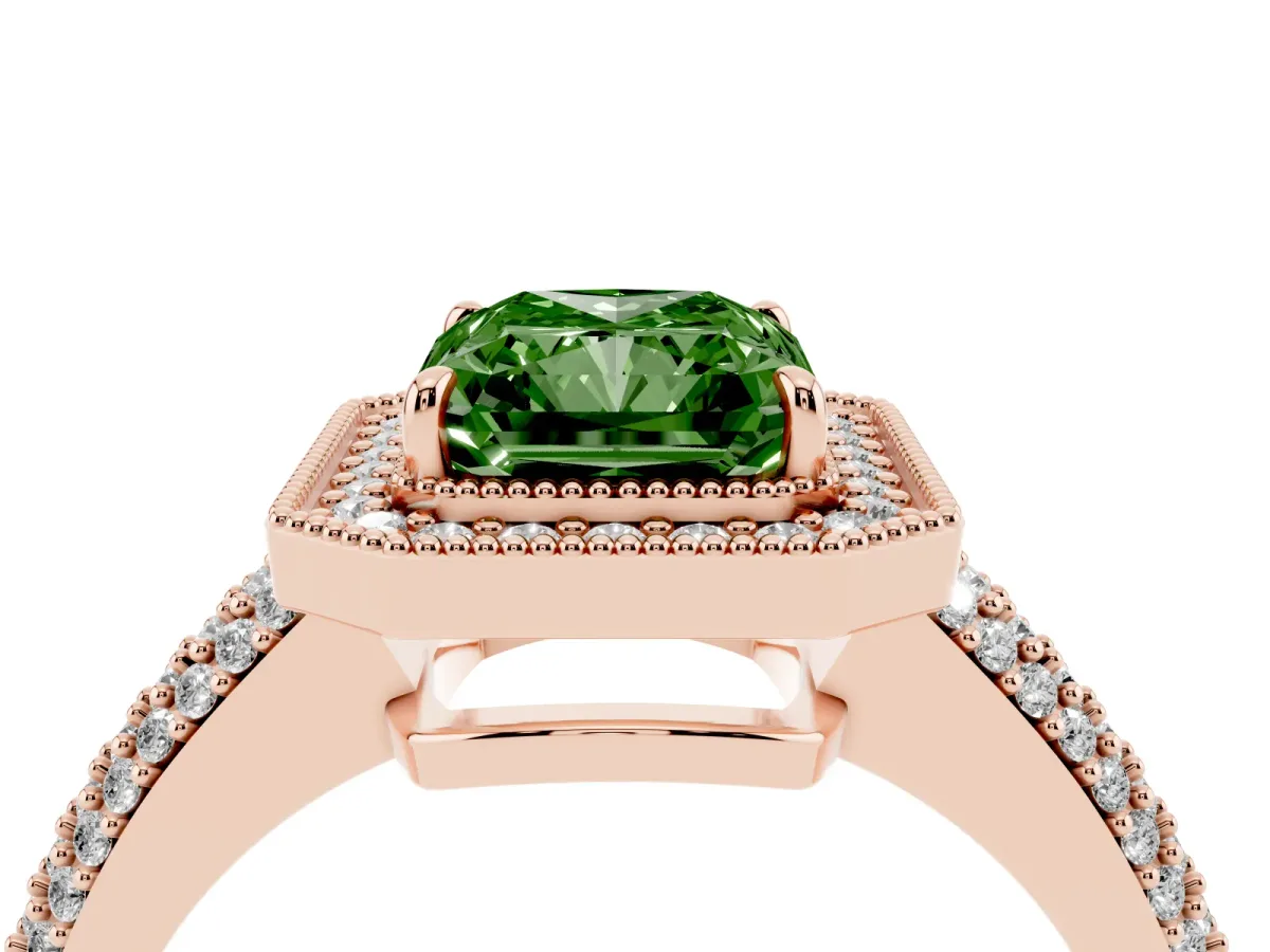 Fancy Green Radiant Cut Cut Halo Diamond Pave Band with Four-Prong Setting Rose gold