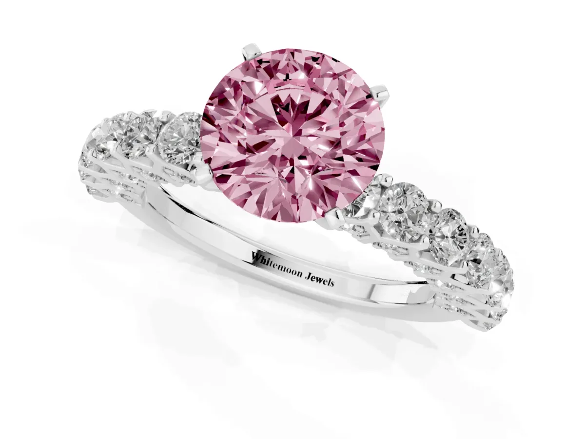 Fancy Pink Round Cut Diamond Solitaire Ring with Shared Prong Pavé Band and Four-Prong Setting Silver