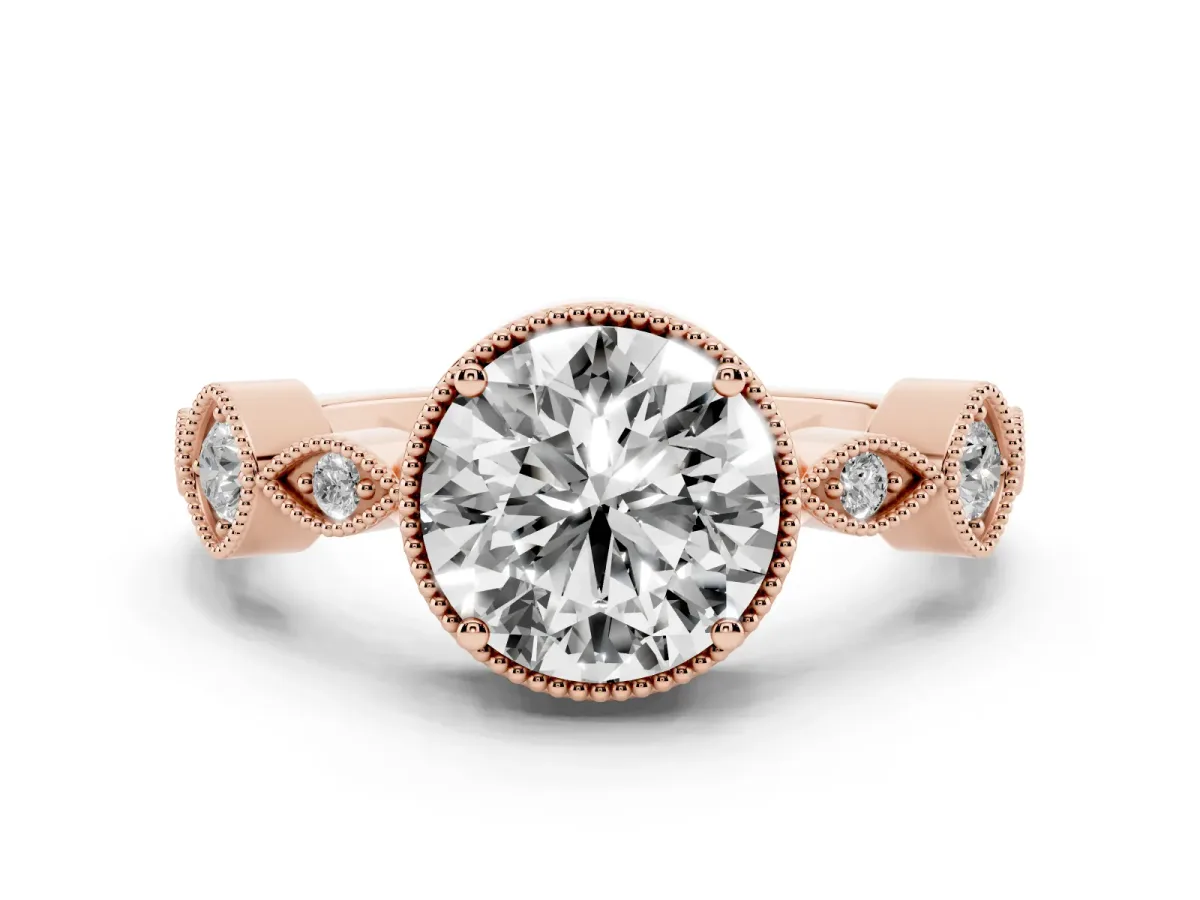 Round Cut Diamond Vintage Milgrain Ring with Round Stations Rose gold