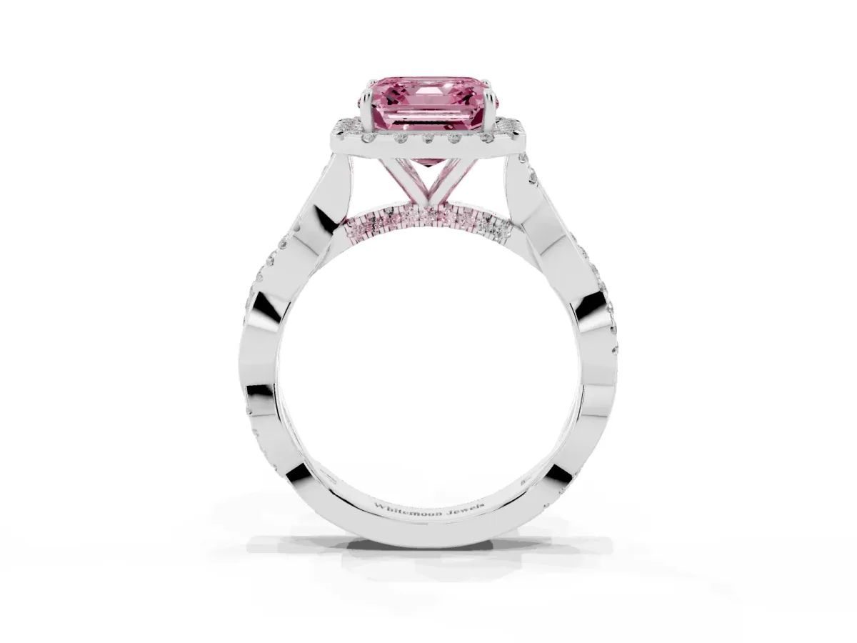 Fancy Pink Asscher Cut Halo Twist Band Solitaire Ring Silver