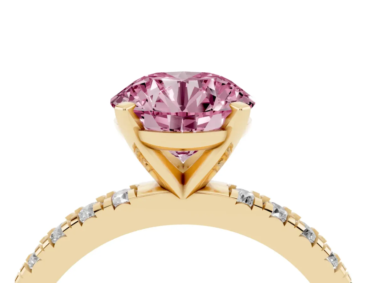 Fancy Pink Round Cut Diamond Pavé Band Solitaire with Four-Prong Setting Yellow gold
