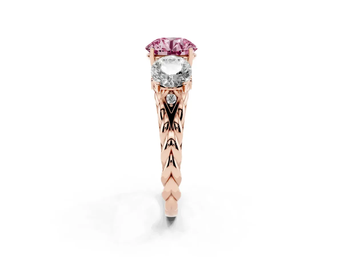 Fancy Pink Three-Stone Round Cut Diamond Braided Band Ring with Four-Prong Setting Rose gold