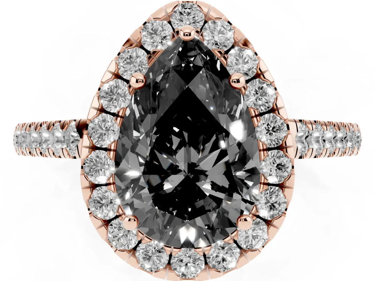 Fancy Black Pear Cut Halo Pave Diamond Engagement Ring with Four-Prong Setting Rose gold
