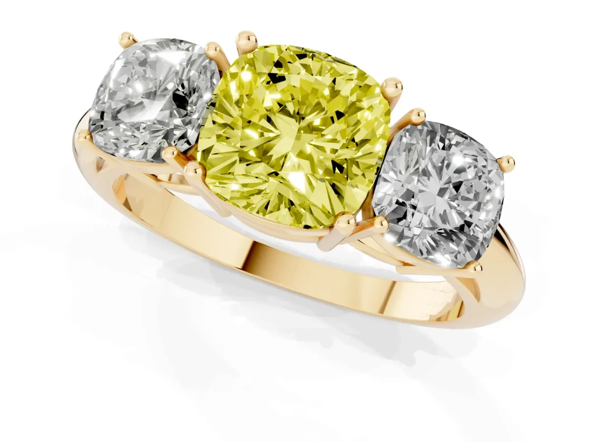 Fancy Yellow Three-Stone Cushion Cut Cut Diamond Engagement Ring with Prong Setting on a White Gold Band Yellow gold