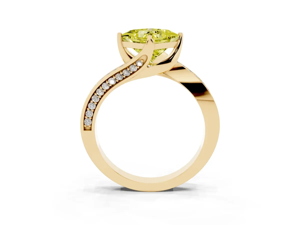 Fancy Yellow Princess Cut Solitaire Diamond Twist Band with Pavé Setting and Four-Prong Setting Yellow gold