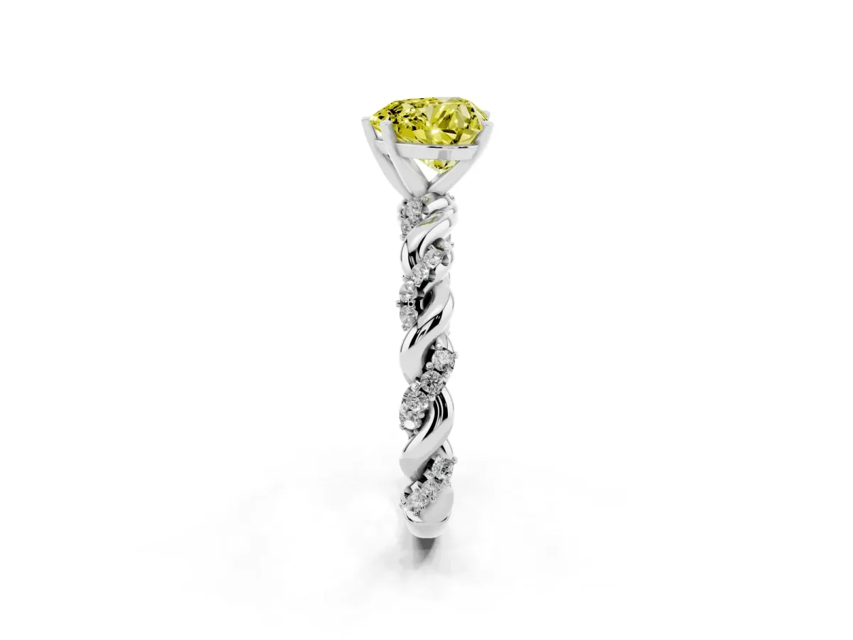 Fancy Yellow Heart Cut Diamond Solitaire Ring with Twisted Band and Pavé Accents Platinum