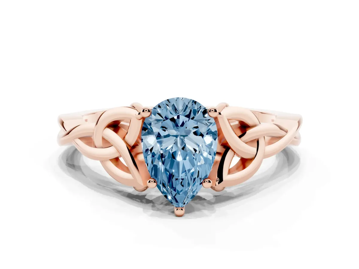Fancy Blue Pear Cut Diamond Solitaire Engagement Ring with Celtic Knot Band and Four-Prong Setting Rose gold