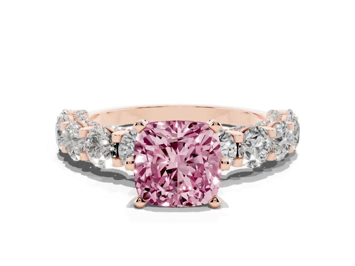Fancy Pink Cushion Cut Diamond Side Stone Engagement Ring with Four-Prong Setting Rose gold