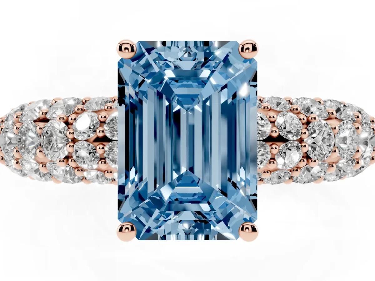 Fancy Blue Emerald Cut Diamond Pavé Band Solitaire Ring with Four-Prong Setting Rose gold