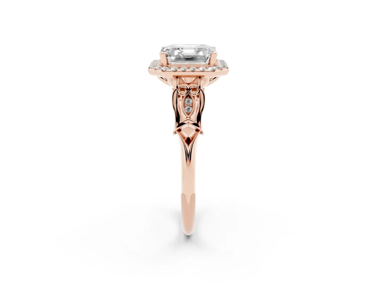 Asscher Cut Halo Diamond Engagement Ring with Filigree Band and Four-Prong Setting Rose gold
