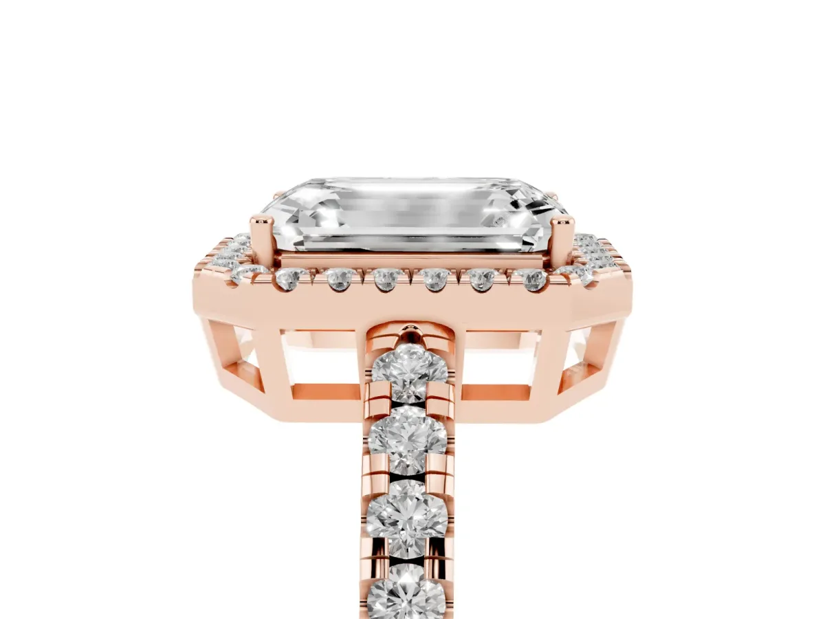 Emerald Cut Diamond Halo Ring with Pavé Band and Four-Prong Setting Rose gold