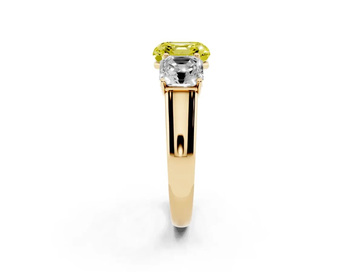 Fancy Yellow Asscher Cut Three-Stone Diamond Ring with Prong Setting on a Classic Band Yellow gold