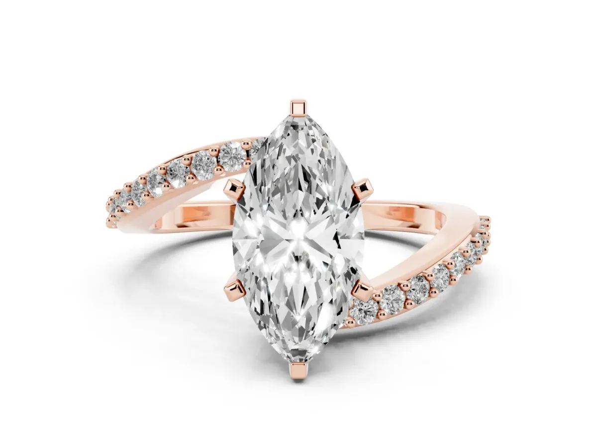 Marquise Cut Solitaire Twist Band with Pave Set Diamonds and Four-Prong Setting Rose gold