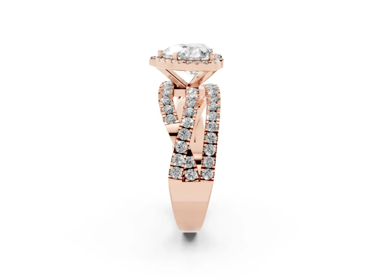 Heart Cut Diamond Halo Ring with Round Split Shank and Prong Setting Rose gold