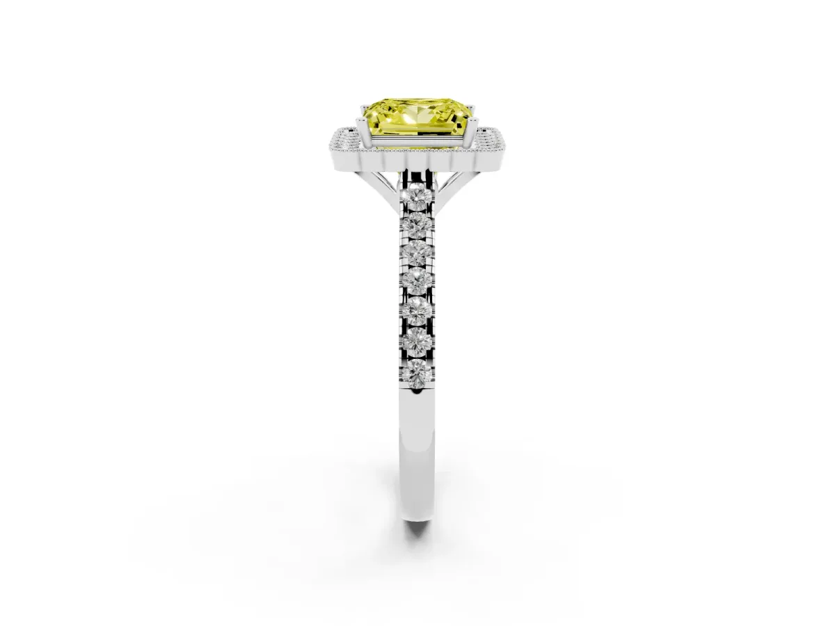 Fancy Yellow Princess Cut Cut Diamond Milgrain Floral Halo Engagement Ring with Pavé Band White gold