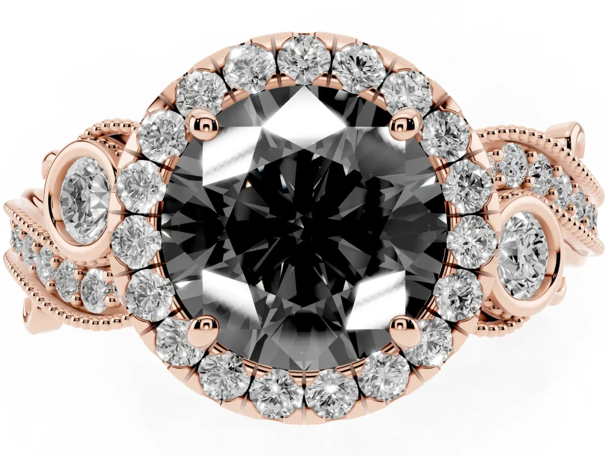 Fancy Black Round Cut Halo Diamond Ring with Milgrain and Bezel Accents on a Split Shank Band Rose gold