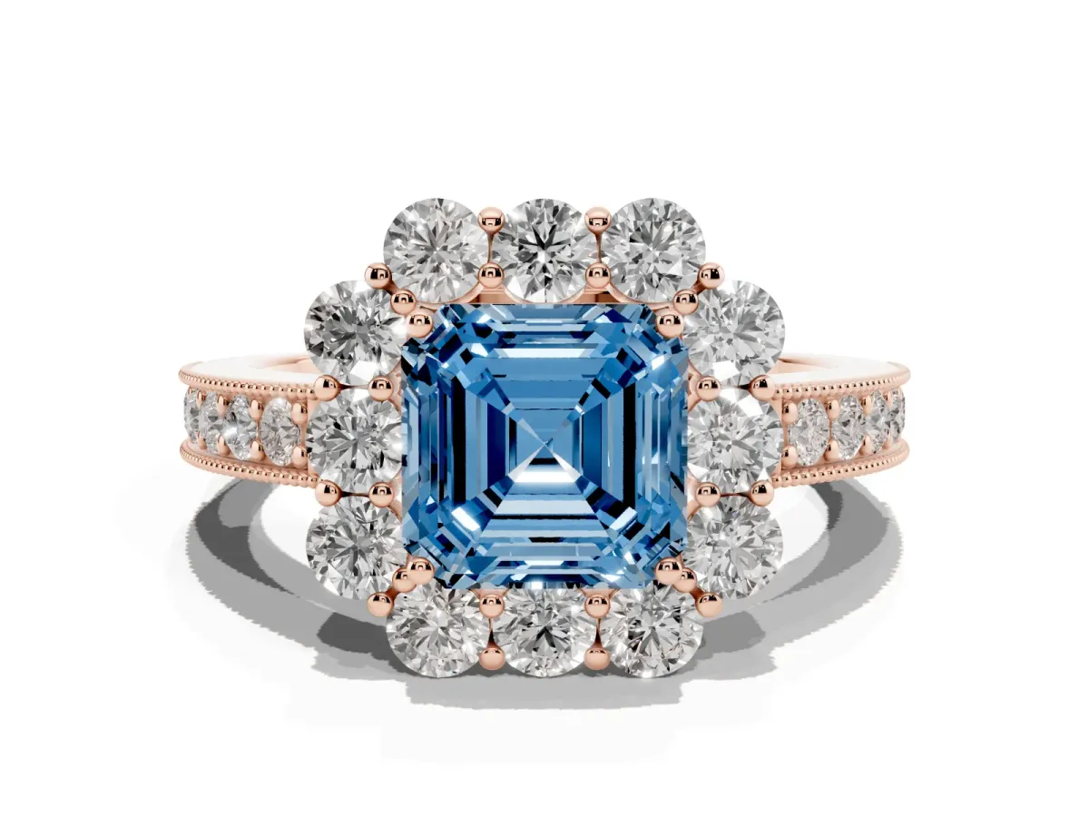 Fancy Blue Asscher Cut Cut Halo Diamond Pavé Engagement Ring with Milgrain Detailing Rose gold