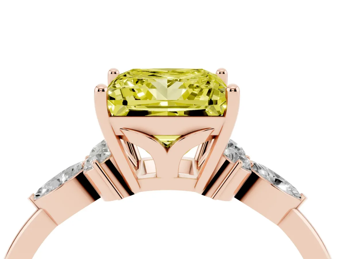 Fancy Yellow Princess Cut Brilliant Diamond Solitaire Ring with Pear Side Stones and Four-Prong Setting Rose gold