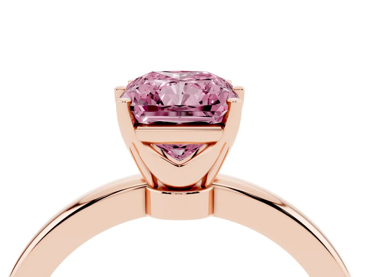 Fancy Pink Radiant Cut Solitaire Diamond Ring with Six-Prong Setting on a Classic Band Rose gold