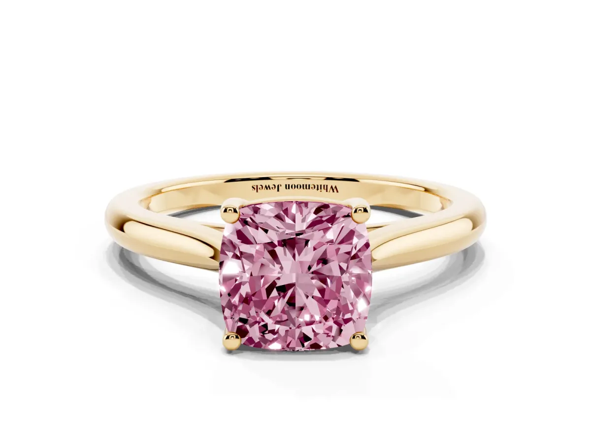 Fancy Pink Cushion Cut Cut Solitaire Ring with Cathedral Band and Four-Prong Setting Yellow gold