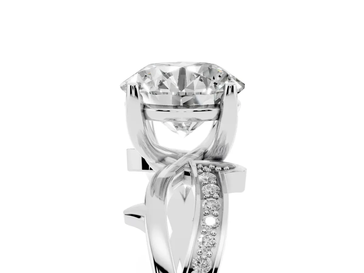 Round Cut Solitaire Twist Band with Pavé Accents and Four-Prong Setting Platinum