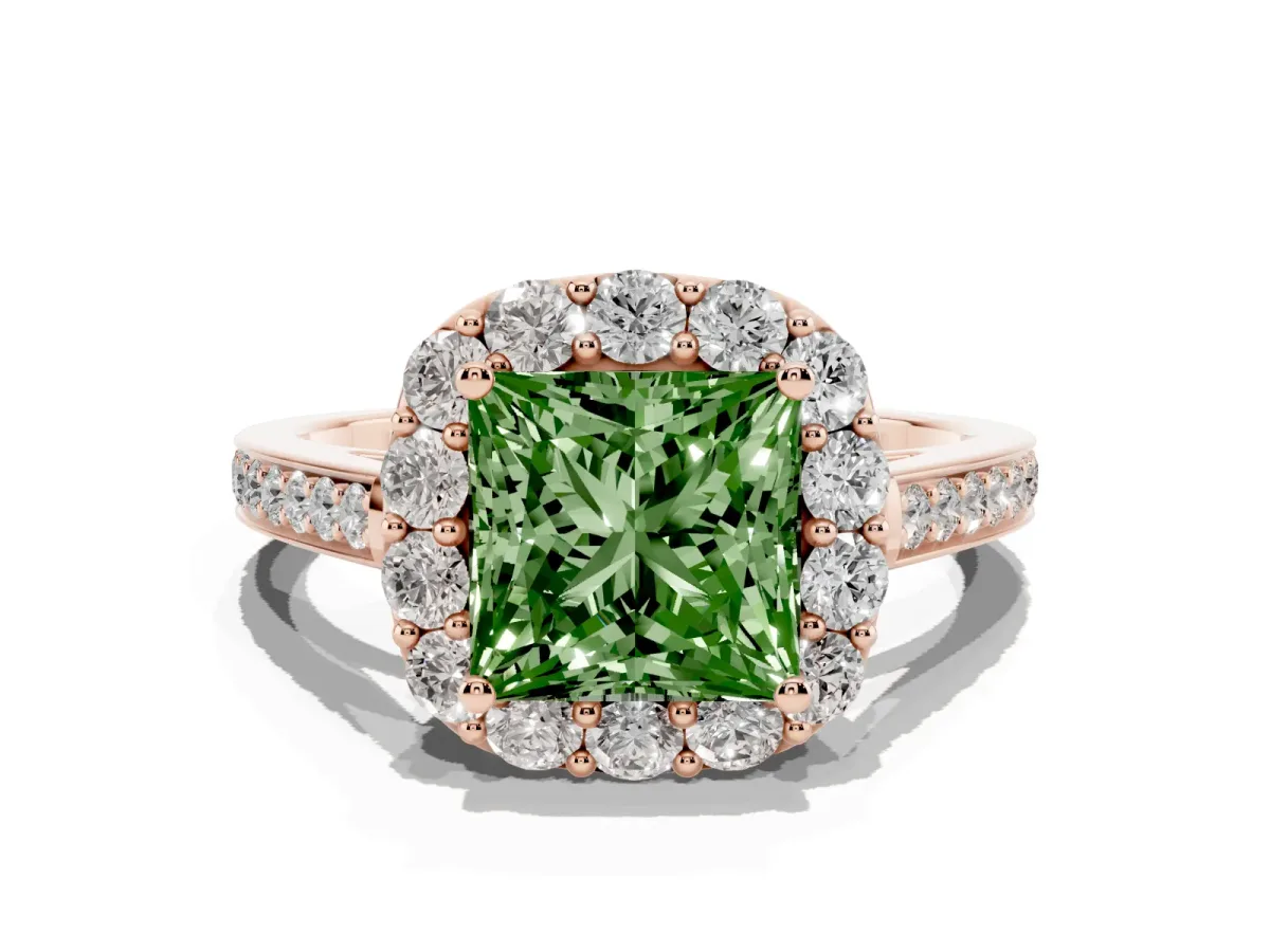 Fancy Green Princess Cut Diamond Floral Halo Ring with Pavé Band and Prong Setting Rose gold