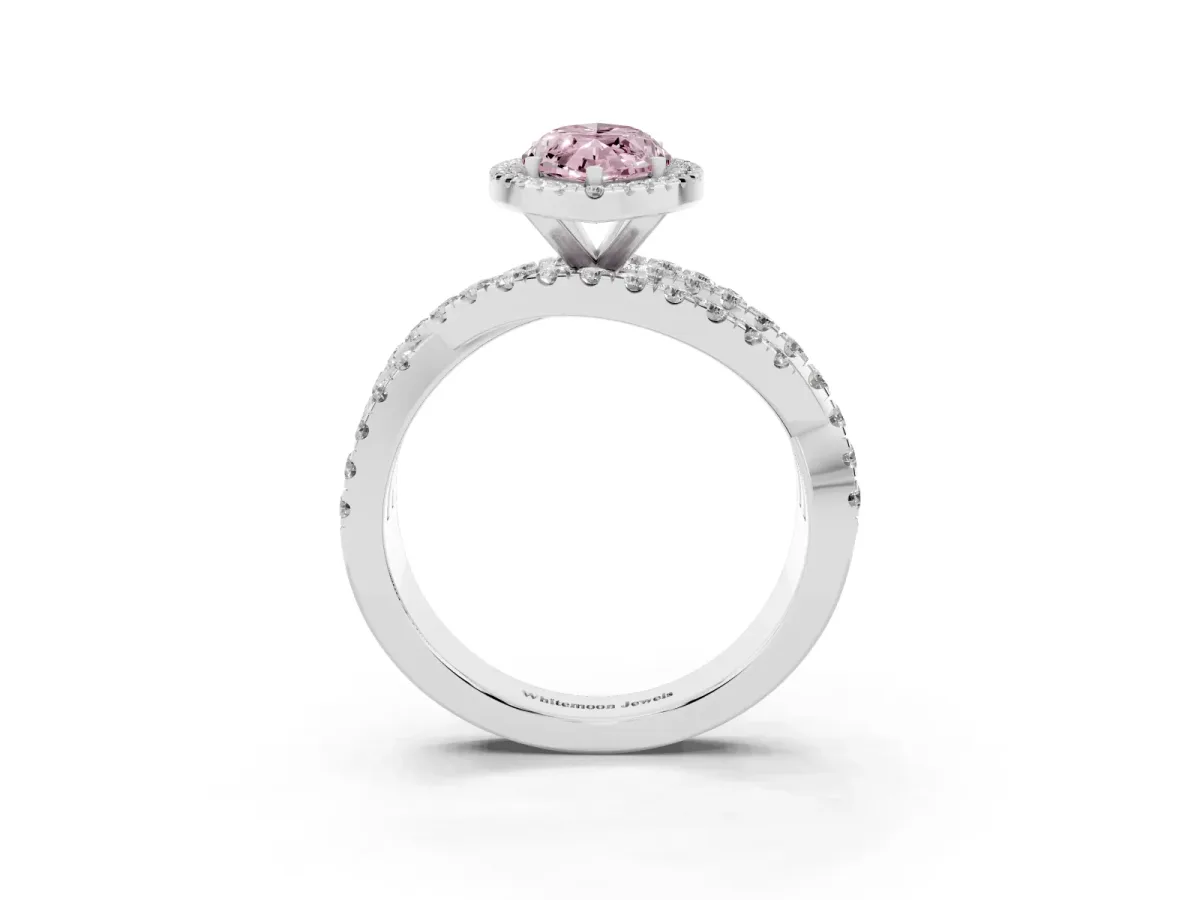 Fancy Pink Marquise Cut Diamond Halo Ring with Round Split Shank and Prong Setting Silver