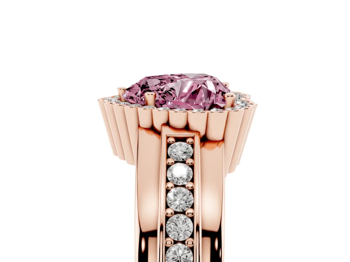 Fancy Pink Heart Cut Cut Halo Pave Band Four-Prong Ring Rose gold