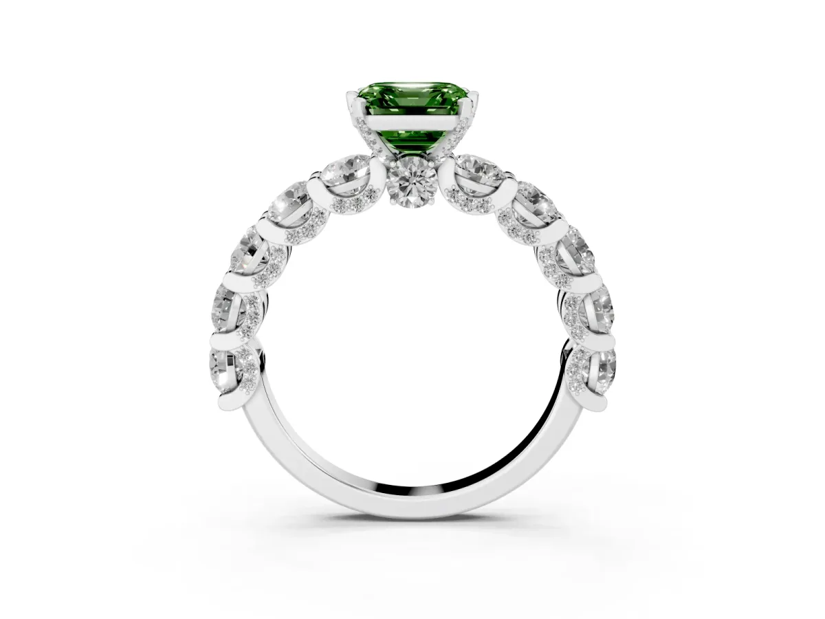 Fancy Green Asscher Cut Diamond Side Stone Engagement Ring with Four-Prong Setting White gold