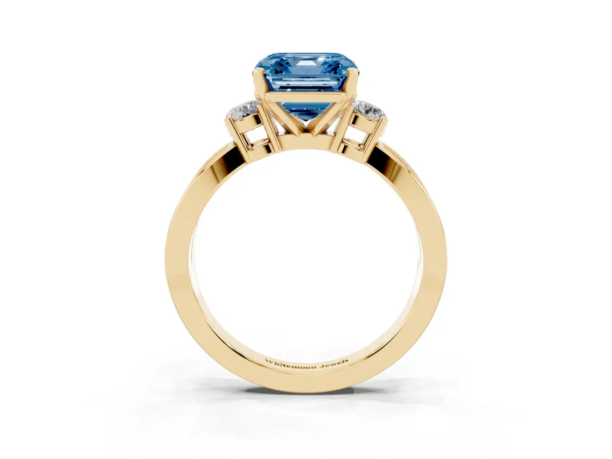 Fancy Blue Three-Stone Asscher Cut Cut Diamond Twist Band with Prong Setting Yellow gold