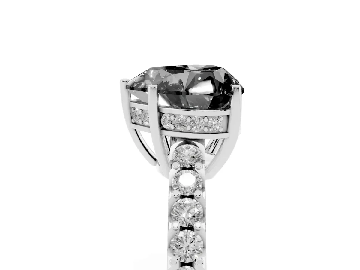 Fancy Black Heart Cut Solitaire Diamond Engagement Ring with Pavé Band and Six-Prong Setting Silver