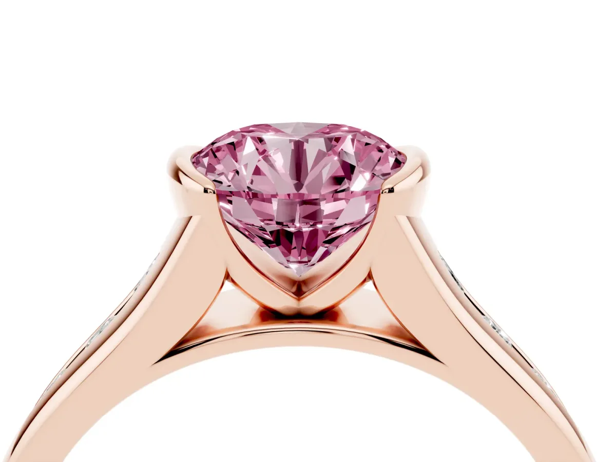 Fancy Pink Round Cut Solitaire Bezel-Set Diamond Ring with Channel-Set Band Rose gold