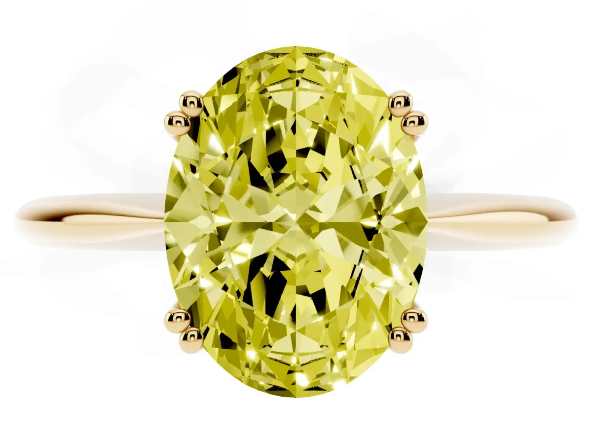 Fancy Yellow Oval Cut Solitaire Diamond Ring with Six-Prong Setting and Classic Band Yellow gold